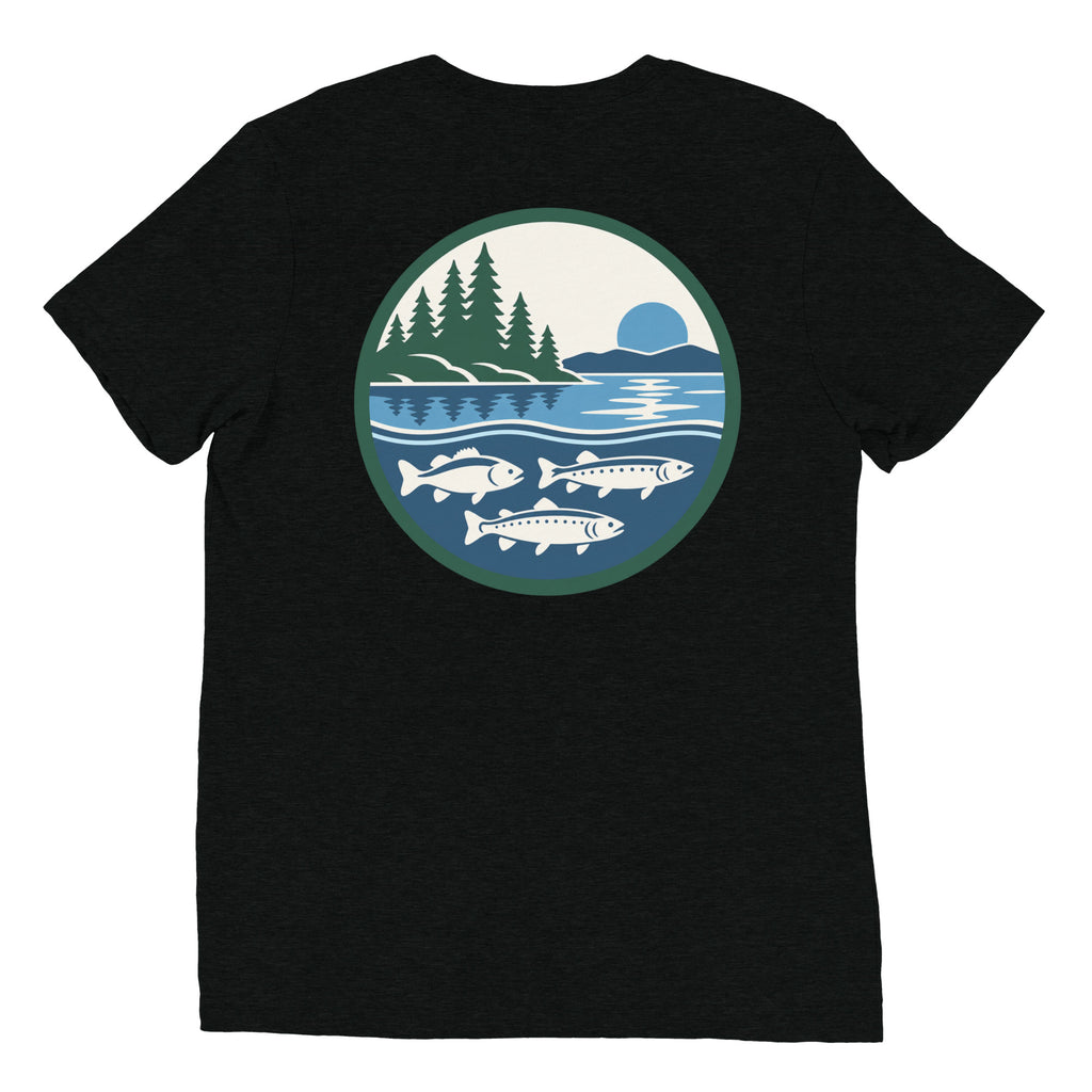 Fresh Water Famous black tri-blend T-shirt, back view with large lake emblem