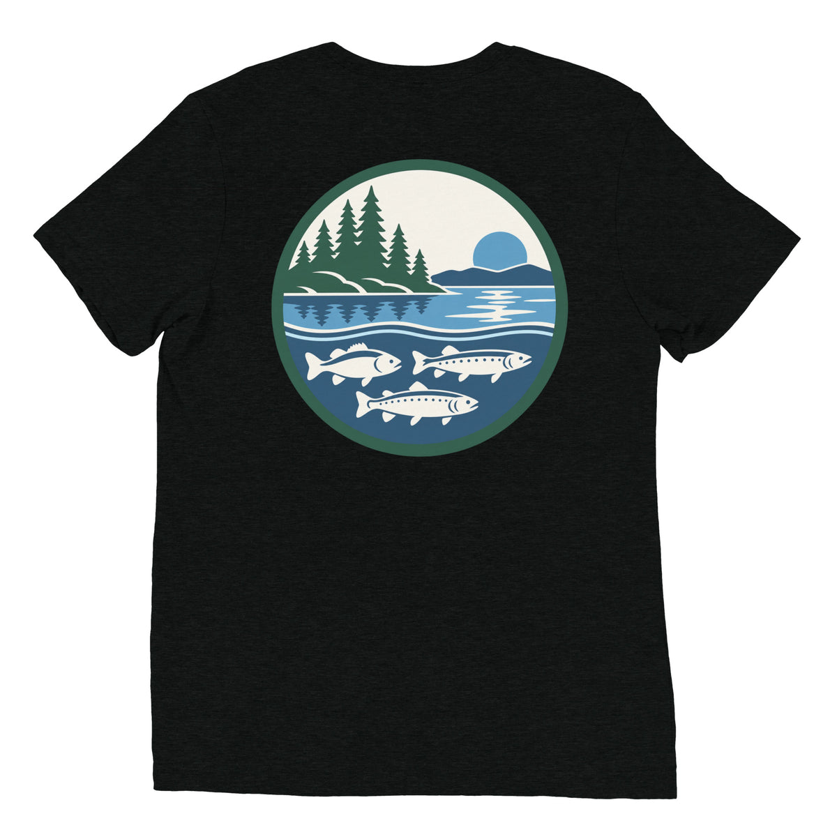 Fresh Water Famous black tri-blend T-shirt, back view with large lake emblem