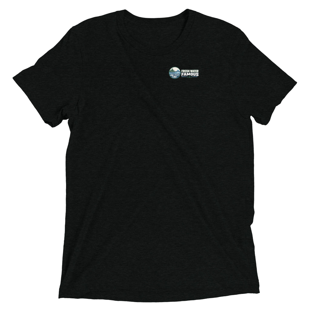 Fresh Water Famous black tri-blend T-shirt, front view with left-chest logo