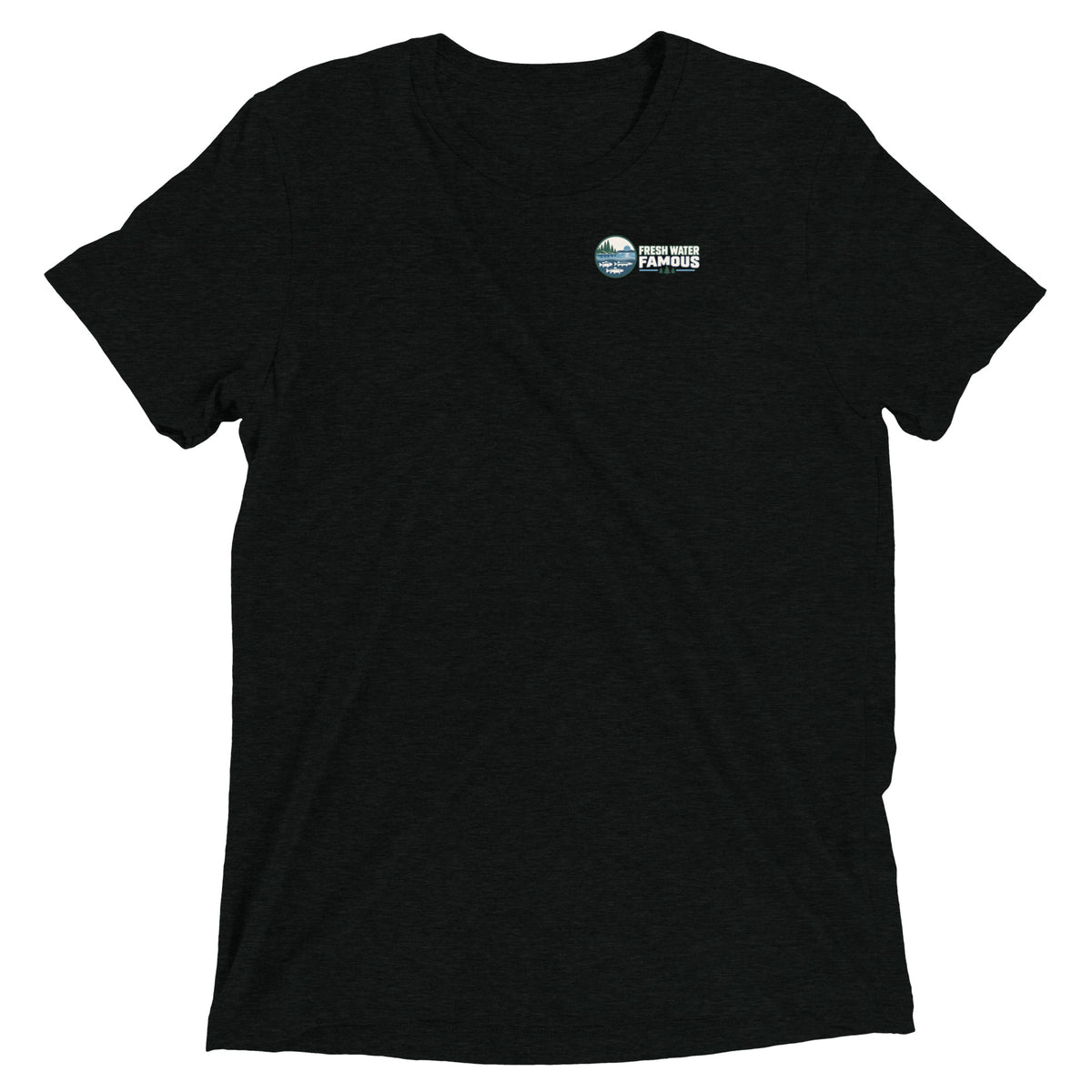 Fresh Water Famous black tri-blend T-shirt, front view with left-chest logo